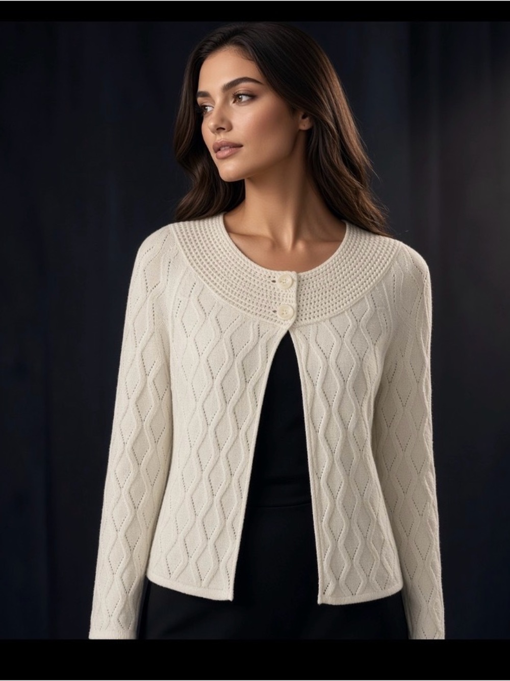 dressbarn Cream Cable Knit Round-Yoke Cardigan